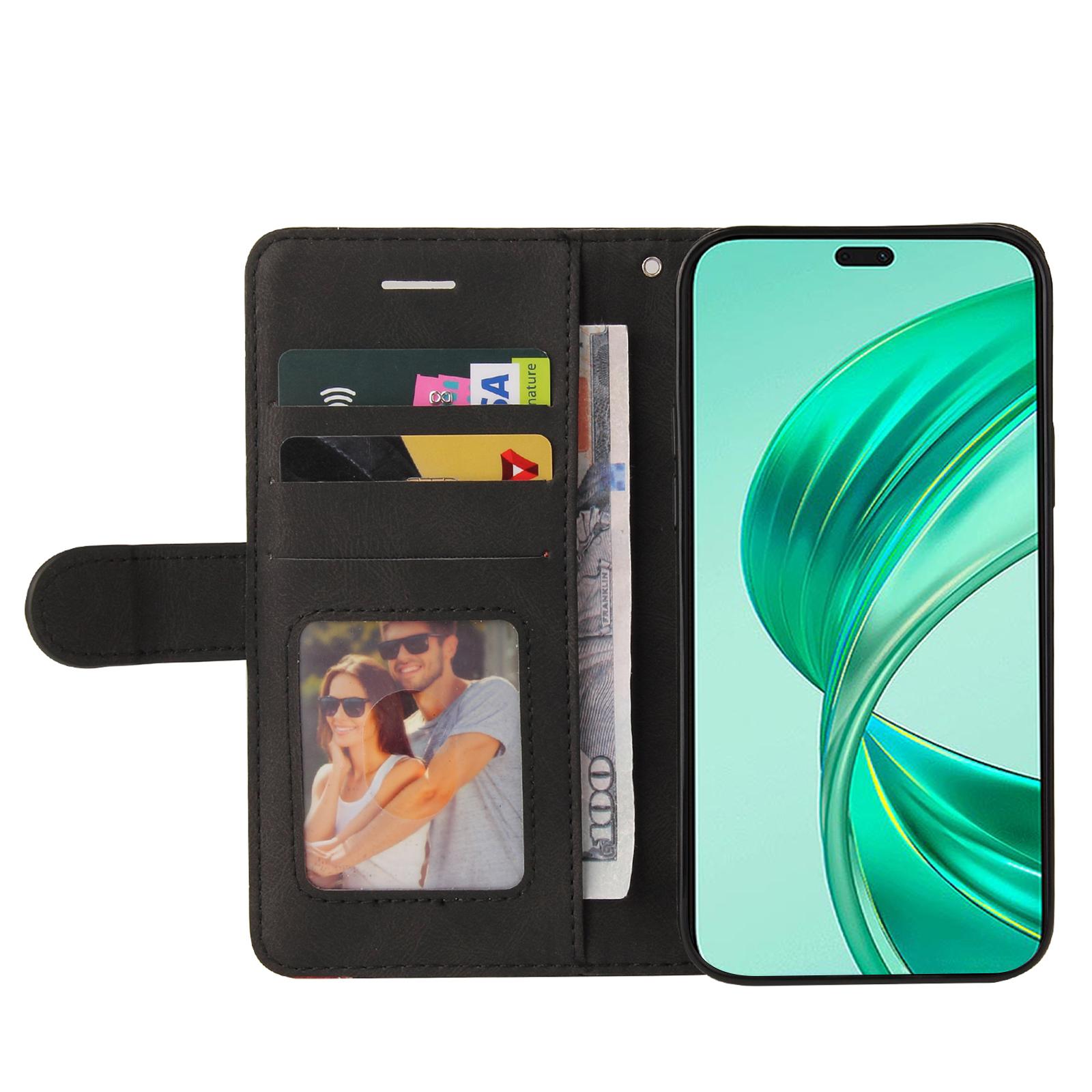 

For Honor X8b 4G Leather Case Wallet Stand Color Splicing Phone Cover Black