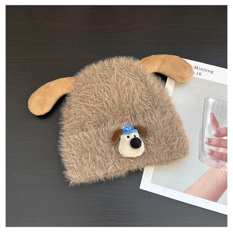 Cute and sweet cartoon puppy plush hat female autumn and winter thickened warm wool knitted hat bag head ear protection hat