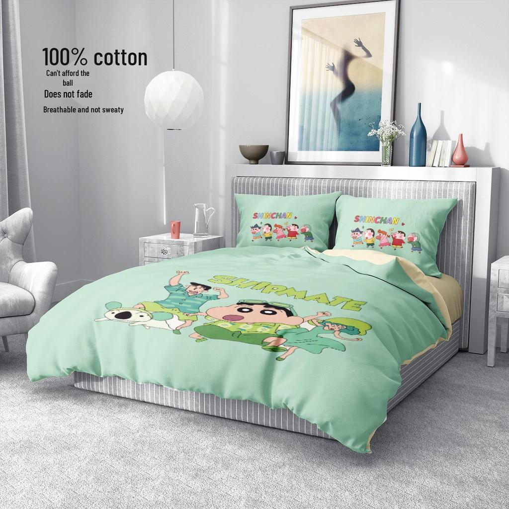 Crayon Shin-chan Cartoon Print Pure Cotton 4-Piece Duvet Cover & Bed Sheet Set for Kids' Dormitory.