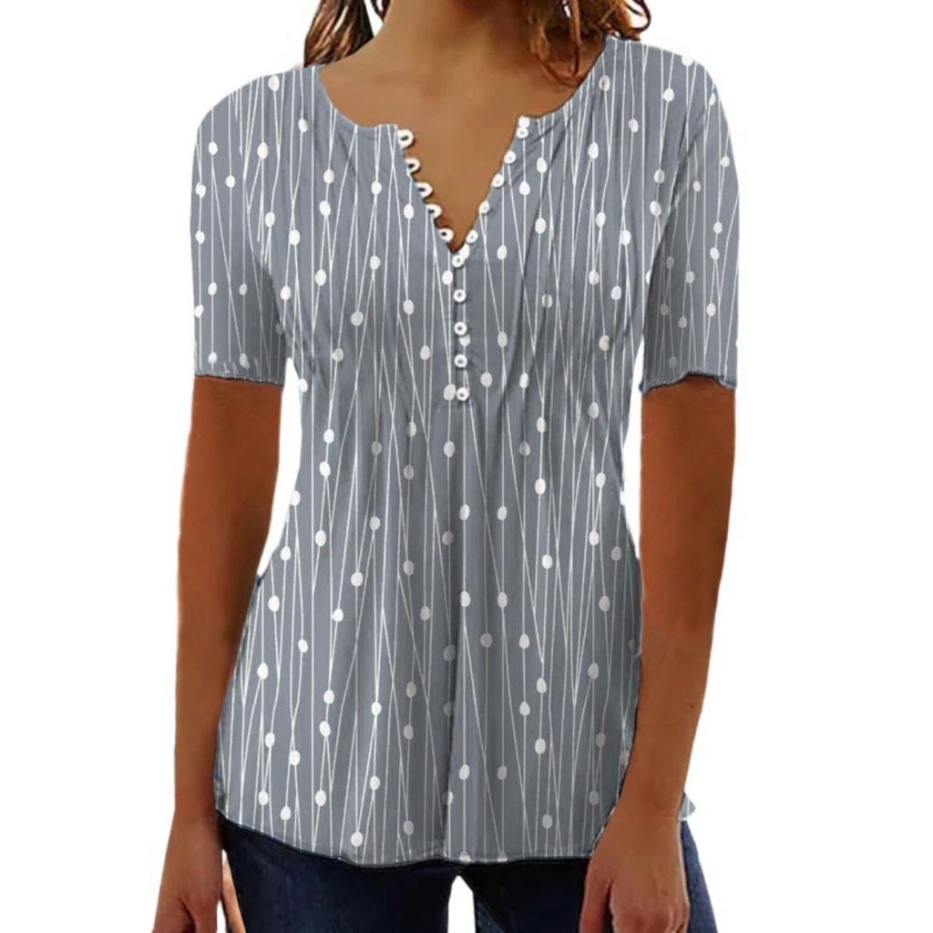 Spring Summer Women's V Neck Polka Dot Short Sleeve Shirt Casual Fashion Versatile Top for European American