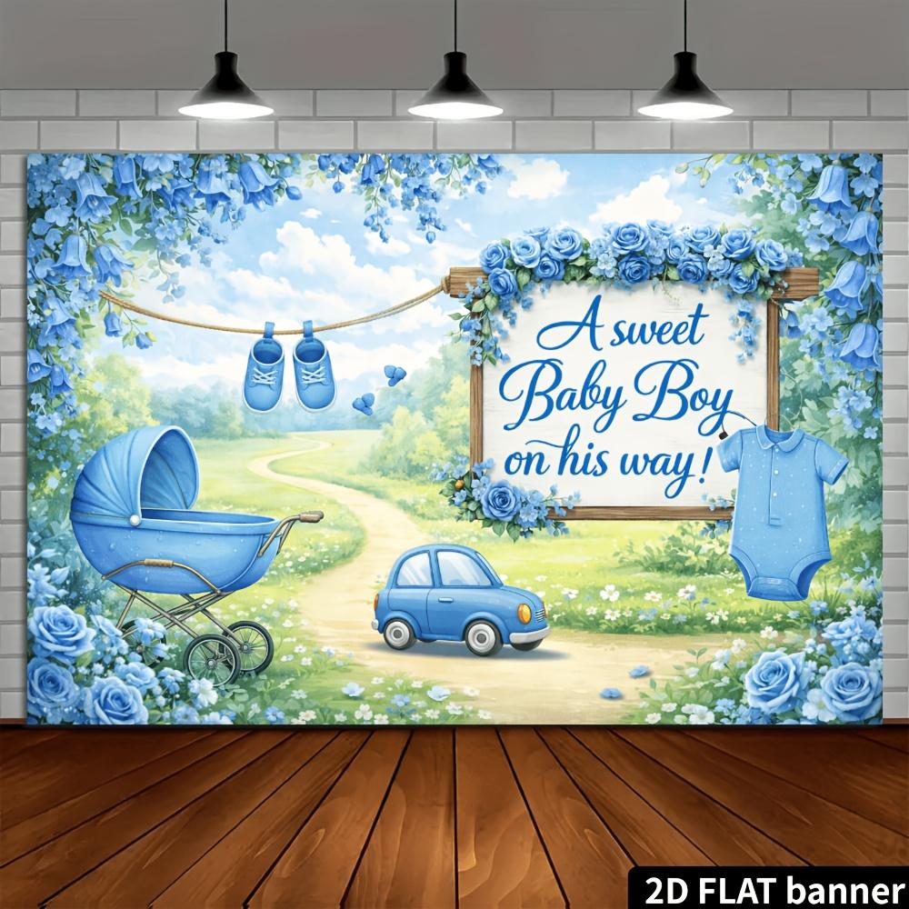 2D Planar Blue Background Fabric for Baby Shower Party. Wooden Sign with Baby Carriage Theme. Suitable for Baby Shower Party.