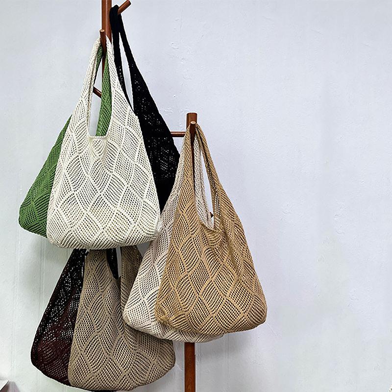 Sommer Strand Damen Schultertasche Häkelhandtasche Gestrickte Hohle Tragetasche Für Mädchen Frauen Einfarbig Vielseitige Einkaufstaschen