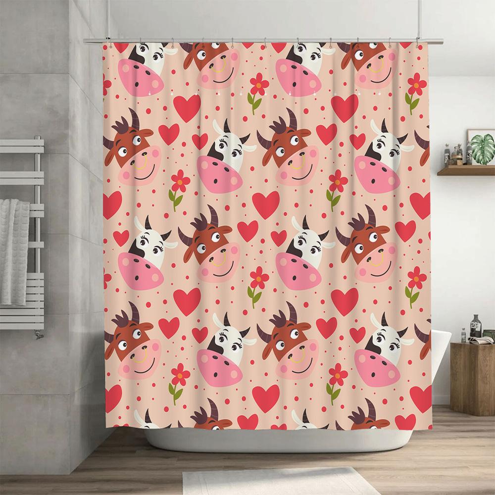 Adorable Pink Hearts Cow Print Shower Curtain for Bathroom Decor Home Decoration Gift Idea