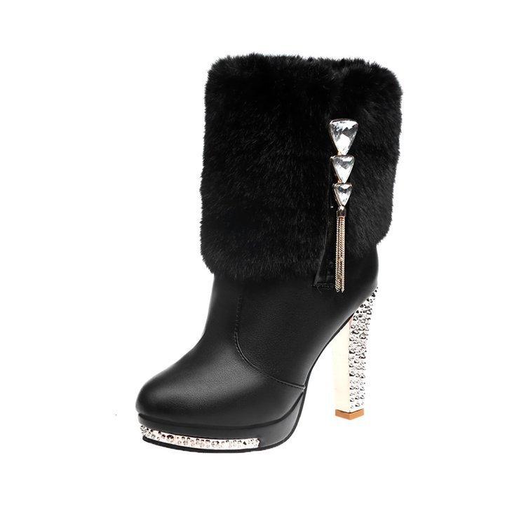 

Autumn and winter fashion boots women s European and American waterproof table round head rhinestone thick high heel fluffy short boots women s shoes 41 чорний
