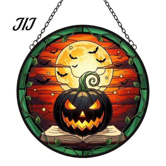 Decorative Hanging Ornaments for Windows Halloween Pumpkin Suncatcher, Stained Glass Style Round Window Ornament, Acrylic Decorations Full Moon