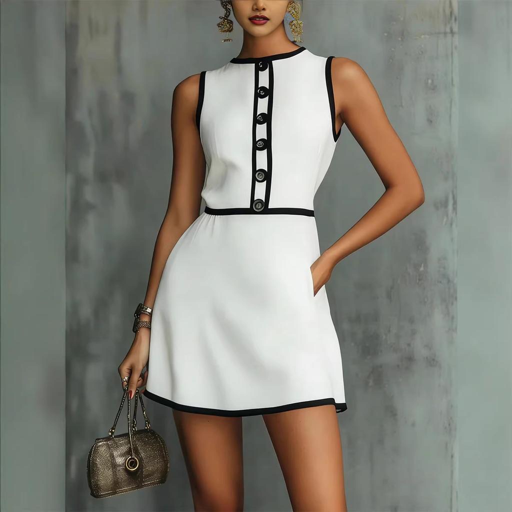 Women's Round Neck Sleeveless A-Line Mini Dress Mid Waist Elegant Casual Short Dress