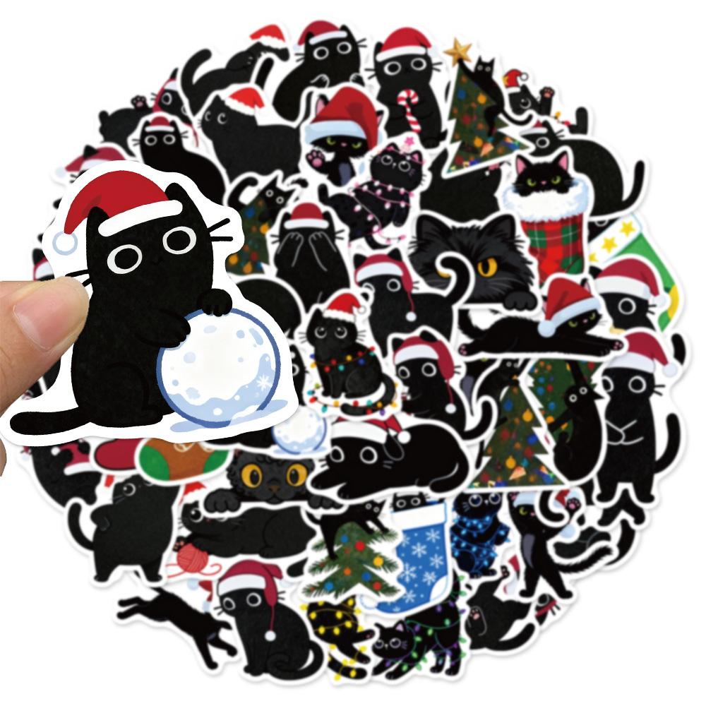 50PCS Christmas Black Cat Cute Christmas Fun Stickers DIY Handmade Materials Phone Case Laptop Luggage Bottle Stickers