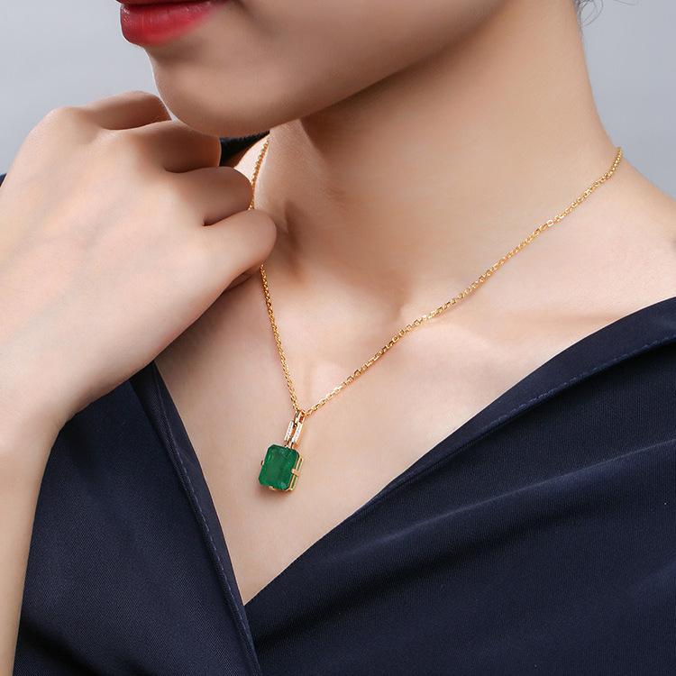 Solid 14k guld 45 cm halsband Emerald Pierscionki Bizuteria Bröllopshänge Dam Emerald Ädelstenshänge Pierscionki Smycken
