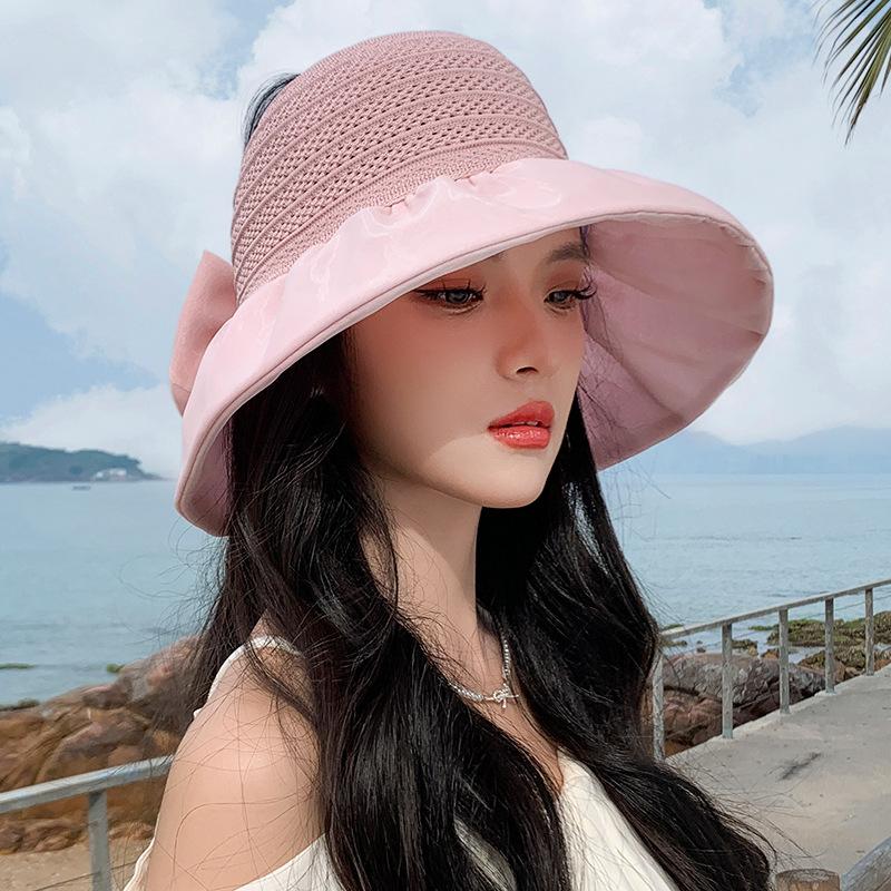 Summer hat women's fashion knitted mesh bucket hat summer sunshade sun hat empty top bow
