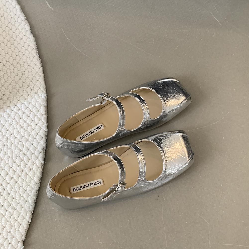 

Мода Bailamos Новые Женские Балетки Мода Квадратный Носок Неглубокие Женские Мэри Джейн Балетки Плоский Каблук Повседневные Балетки 39 серебряный