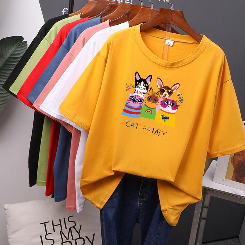 Cat Family Printed Cotton Cartoon T Shirts Women Summer Harajuku Kawaii Loose Tees for Girl Short Sleeve Casual Female Tops