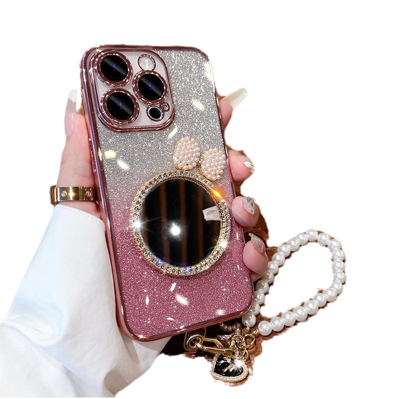 Apple 17 Glitter Diamond Mirror Phone Case with Pearl Bracelet for iPhone 16 Pro Max