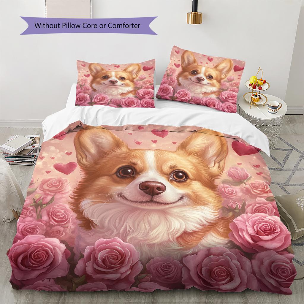 Pink Corgi Pattern Bedding Home Decoration Birthday Gift (1 * duvet cover + 2 * pillowcase, without core)