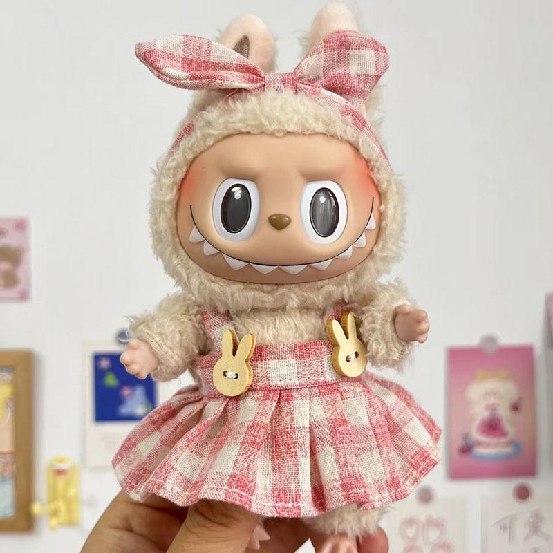 Kawaii Kleiderset für Labubu 17cm Plüschpuppen Outfit Zubehör Plüschpuppen Kleidung Herzschlag Macaron Partypuppen Kleidung Set