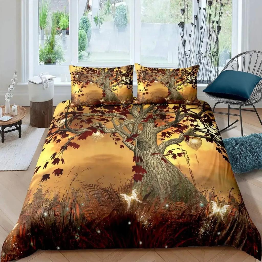 Natur-Bettbezug, digitaler psychedelischer Lebensbaum mit sich drehendem gotischen Hintergrund, Mystery-Display, Kingsize-Bettwäscheset aus Polyester