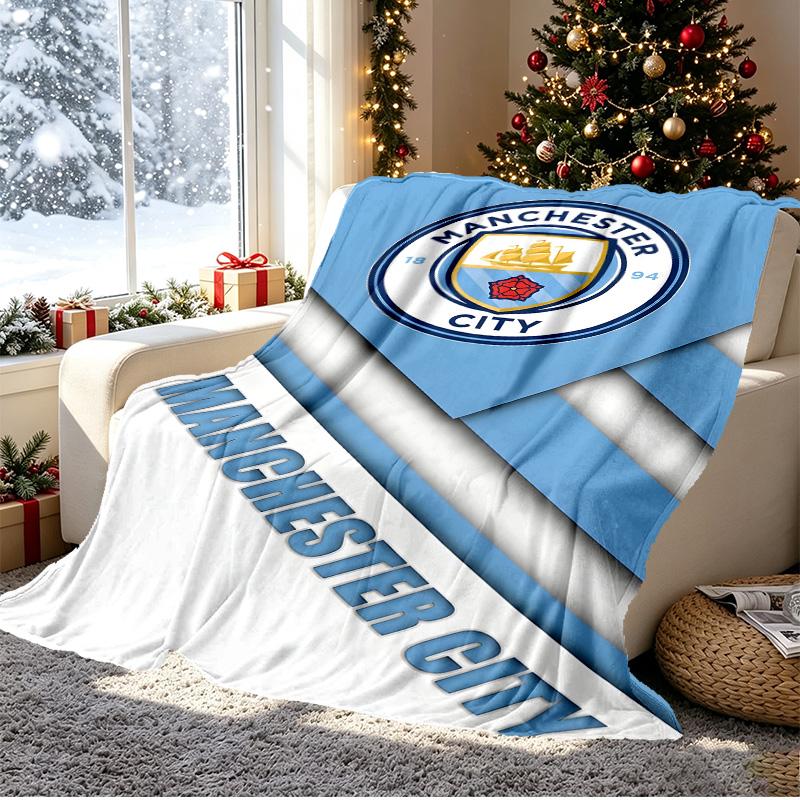 Manchester City FC Pattern Blanket for Home Decoration, Bed, Sofa, Car Travel, Camping, Suitable for All Seasons, Birthday Christmas Gift