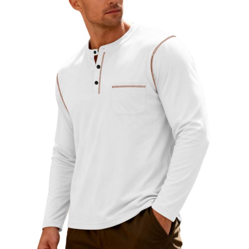 Men s Beige Pocket Henley Shirt, Casual Long Sleeve Contrast Stitch Button Placket Top S белый