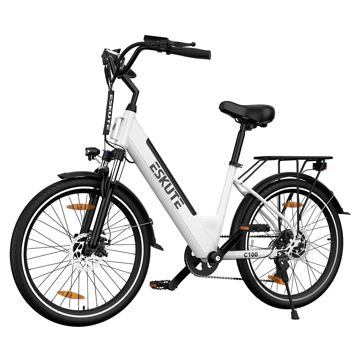 Vélo électrique ESKUTE C100 26 pouces, moteur 250 W, batterie amovible 36 V 10,4 Ah, vitesse maximale 25 km/h, autonomie 55 km blanc
