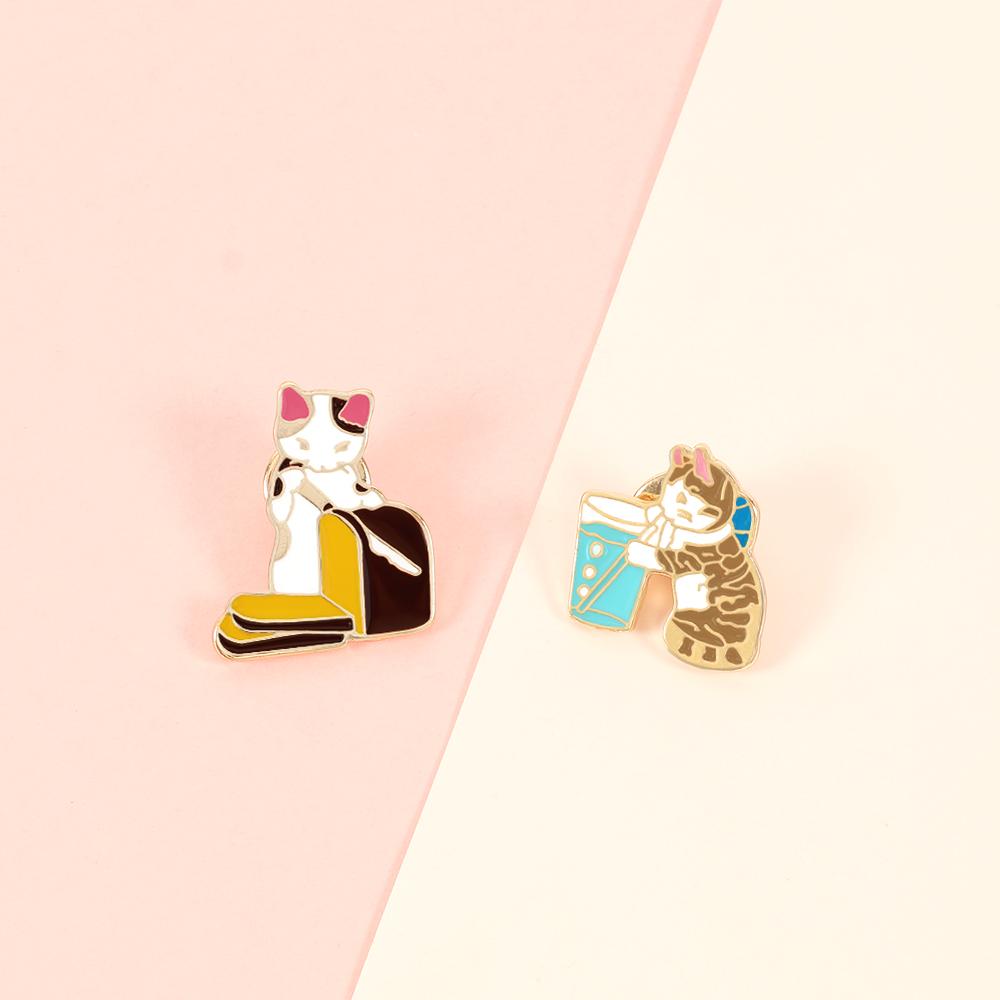 Funny Cat Brooch Play Music Drink Water Kitty Cartoon Animal Enamel Pins Bag Clothes Lapel Pin Cute Badge Jewelry Gift for Kids