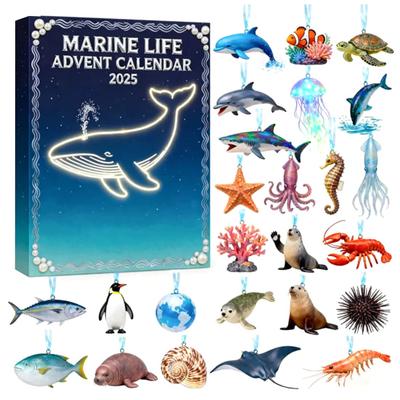 Ocean Life Advent Calendar 2025 24 Days Acrylic Underwater Themed Ornaments Christmas Countdown Box for Entertainment Parties