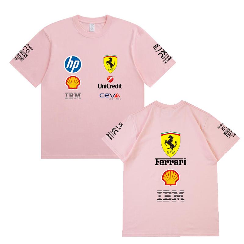 Camiseta Oversized de Casal Ferrari F1 Racing Estampa Clássica de Logo de Patrocinador Manga Curta Casual de Motorsport Streetwear