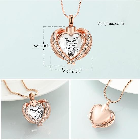 Imrsanl Angel Wing Heart Urn Pendant Necklaces for Women Girls Crystal Birthstone Cremation Jewelry Urns for Human Ashes Memorial Locket Keepsake
