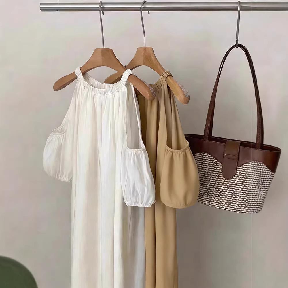 Summer French off-the-shoulder bubble sleeve dress, large size women's clothing, covering the belly and showing thinness, loose temperament medium an
