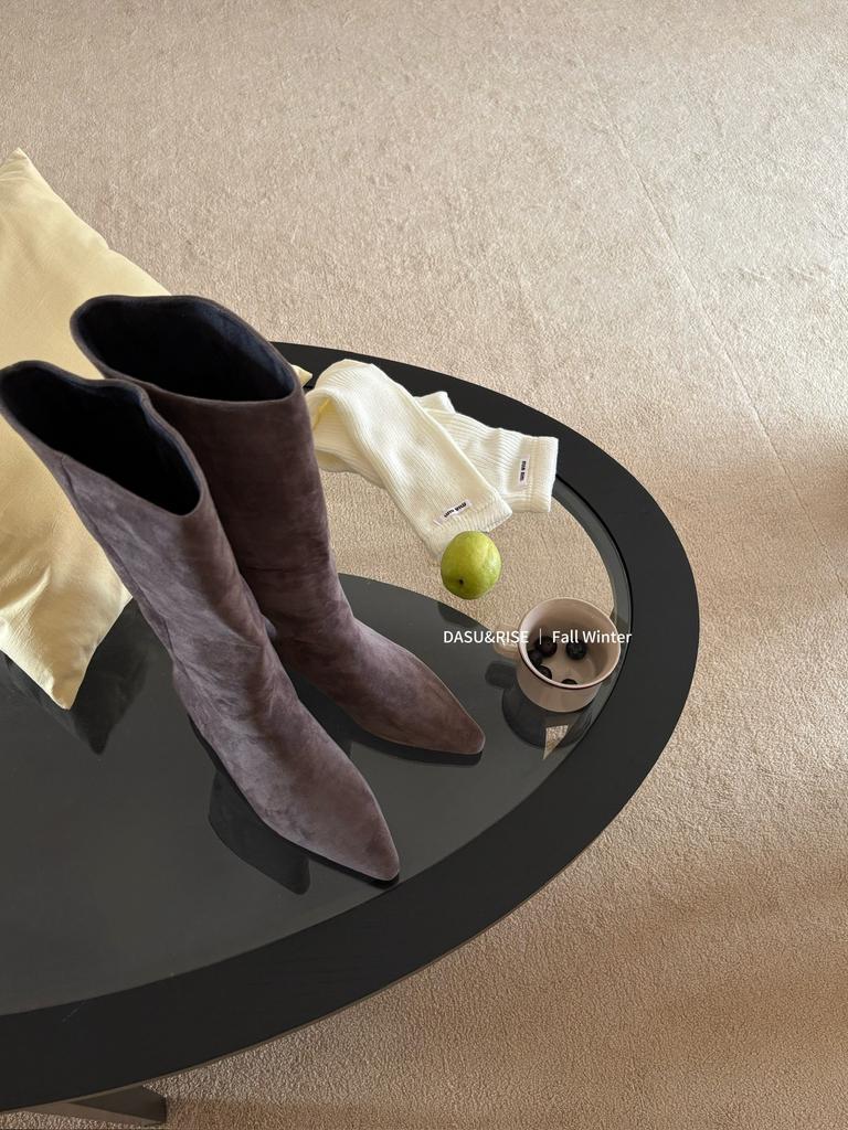 2025 New Small Pointed Suede Tall Thin But Knee Slope Heel Women's Boots