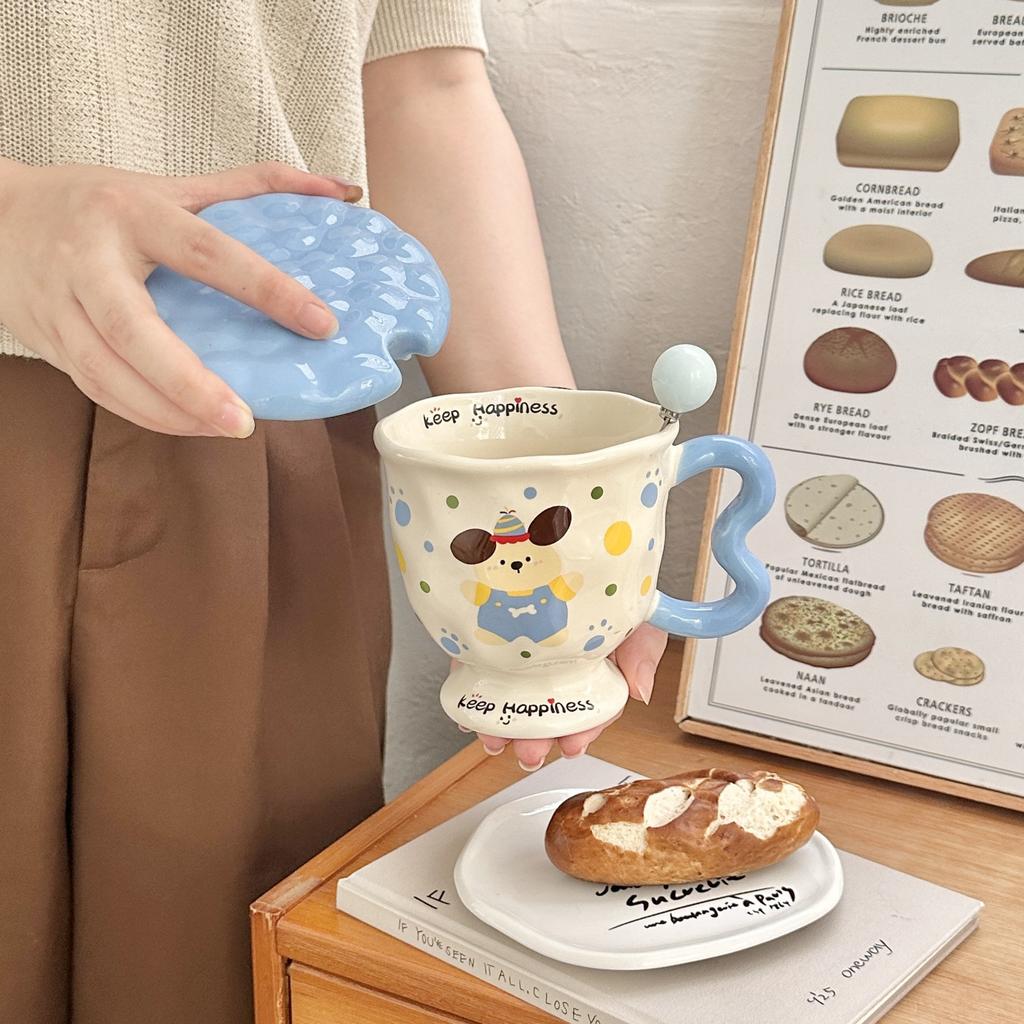 Niedliches Cartoon-Punkte-Welpen-Paar Wasserbecher Hochwertige Keramiktasse mit Deckel Löffel Zum Verschenken an Mädchen Geburtstagsgeschenk