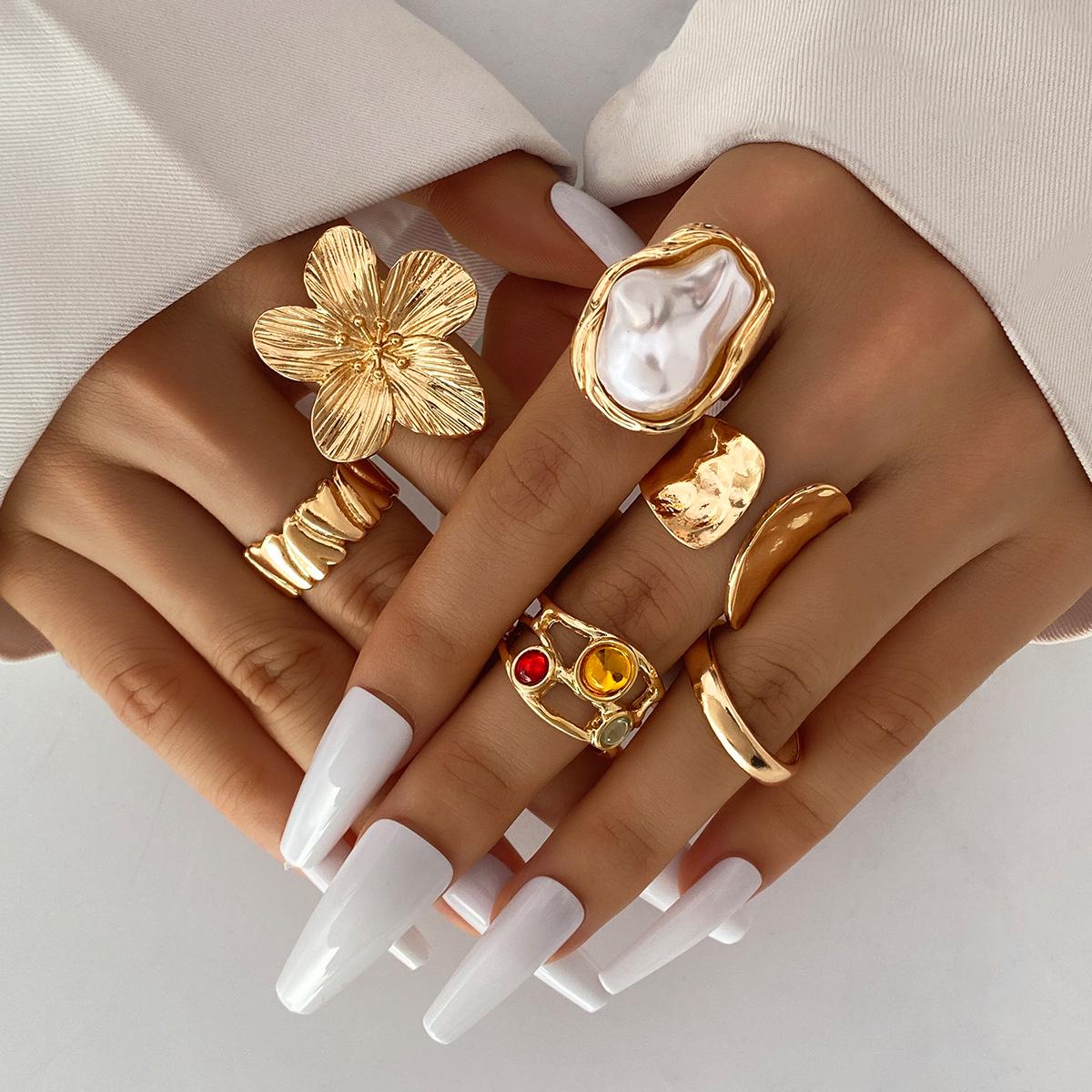 European & American Lava Flower Faux Pearl Gem Ring