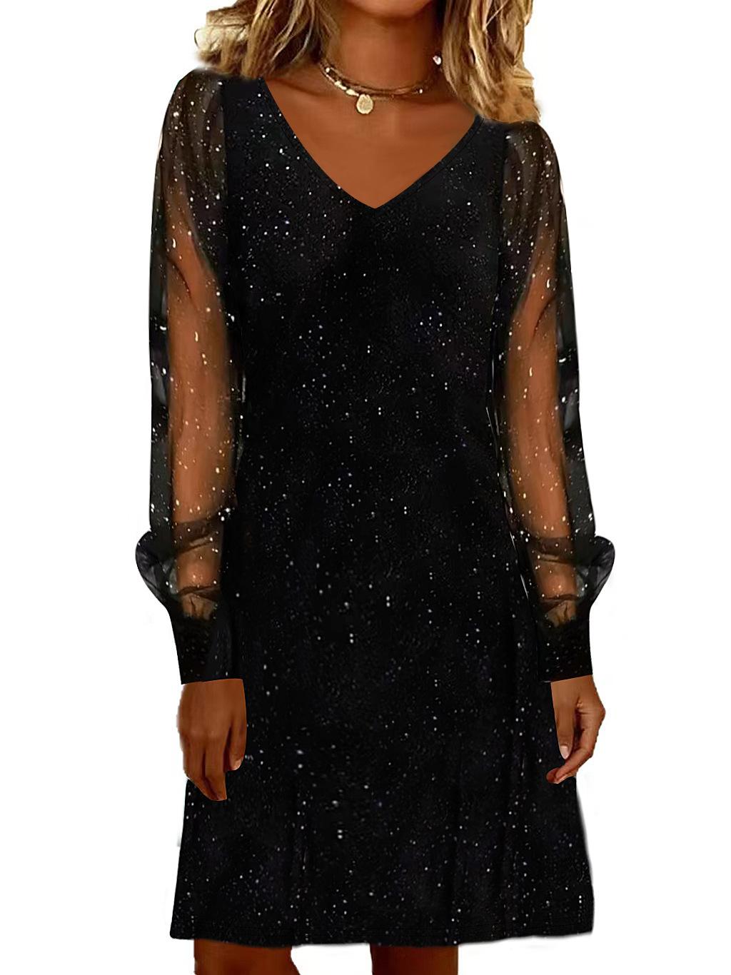 

Весеннее летнее платье Платья Женщина Vestidos V-link Свободная сетка Пэчворк Платье для вечеринки Однотонное Темперамент Простой стиль S чёрный