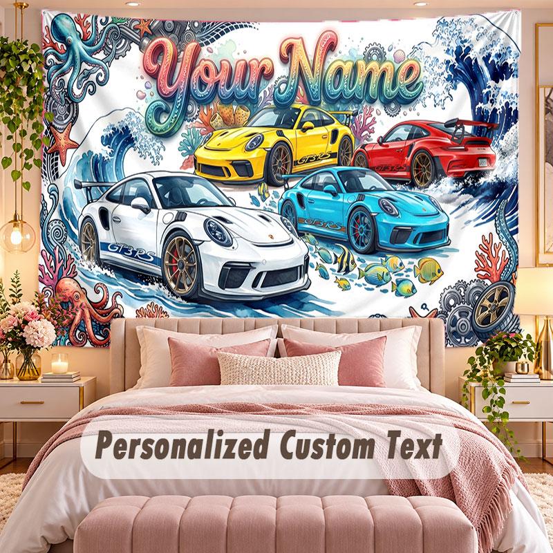 Car Racing (153) Theme Wall Tapestry Customized With Name Text Personalized Hanging Tapestry For Bedroom Living Room Decor