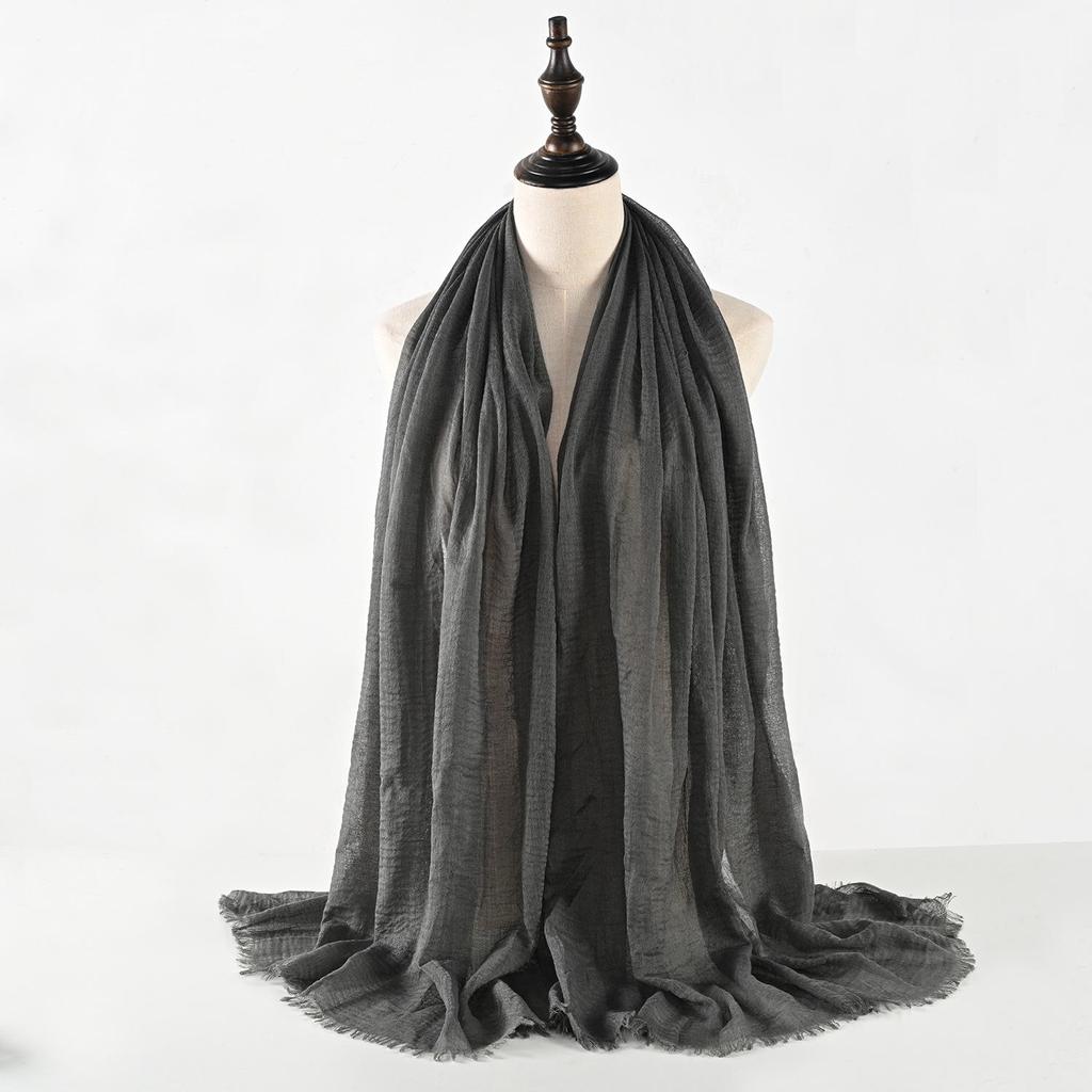 Crinkled Cotton-Linen Blend Scarf with Fringe - Solid Color, 90x180cm, Women's Headscarf