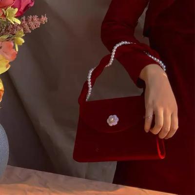 Vintage Pearl Chain Women's Small Square Shoulder Bags Ladies Red Velvet Crossbody Bag Luxury Femlae Underarm Bag Purse Handbags