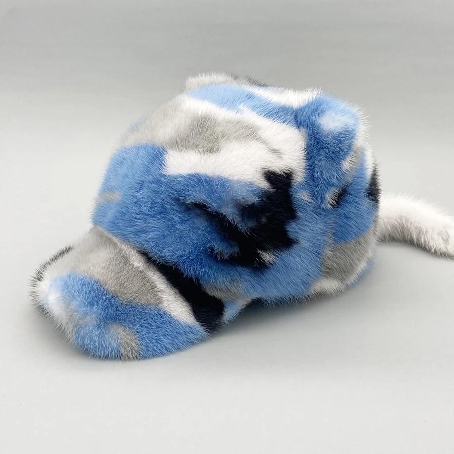 Mink Fur Hats for Women Winter Warm Solid Genuine Luxury Fur Cap High Quality Female Fur Hat with Tail Cute Girls Cat Hats