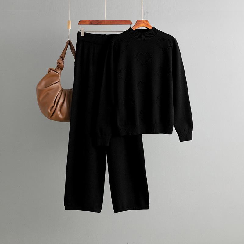 Half Turtleneck Sweater Love Fashion Suit Women + Solid Color Casual Pants Wide Leg Pants Two-piece Set
