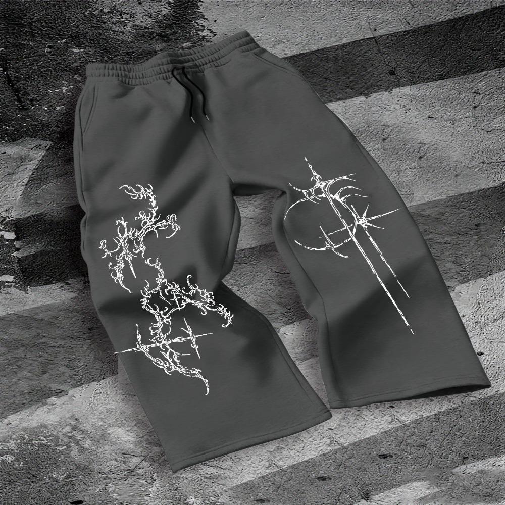 Men's Dark Style Tattoo Totem Print Casual Straight Leg Pants, European and American Fashionable Street Loose Sports Pants Rock Style