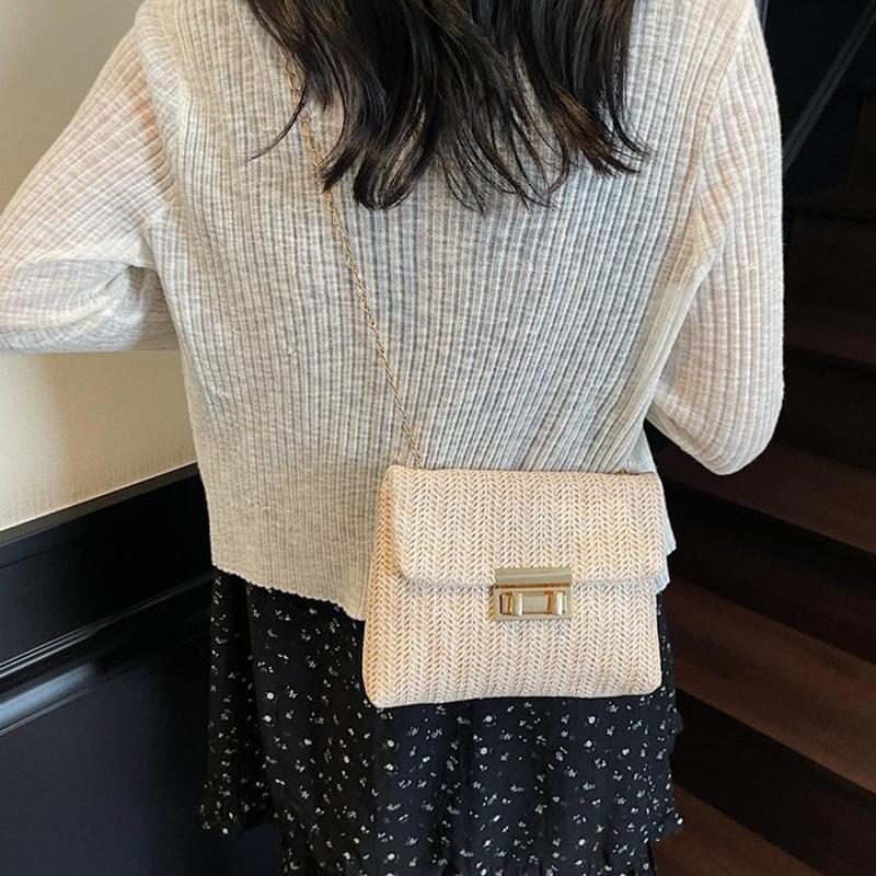 Buckle Closure Chain Crossbody Shoulder Bag Sweet Raffia Woven Women Sling Bag Solid Color Lightweight Beach Travel Purse