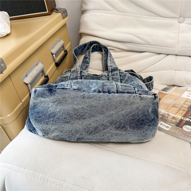 Large Capacity Denim Bag Retro Tote Bag Commuter Student Class Shoulder Crossbody Bag