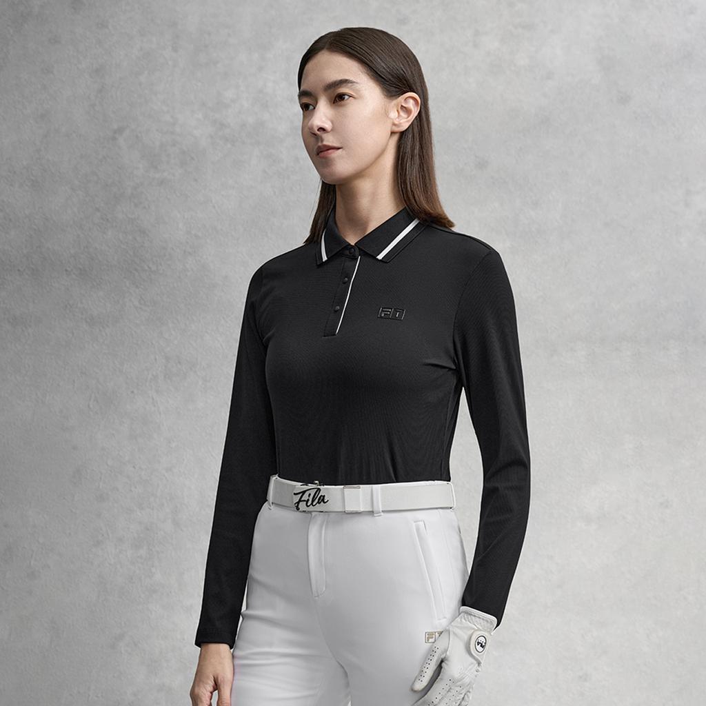 FILA Golf Series Trendy Fashion Simple Casual Sports Training Golf Versatile Slim Fit Long Sleeve Polo Shirt Women tops Deep-Black A11W615214FBK