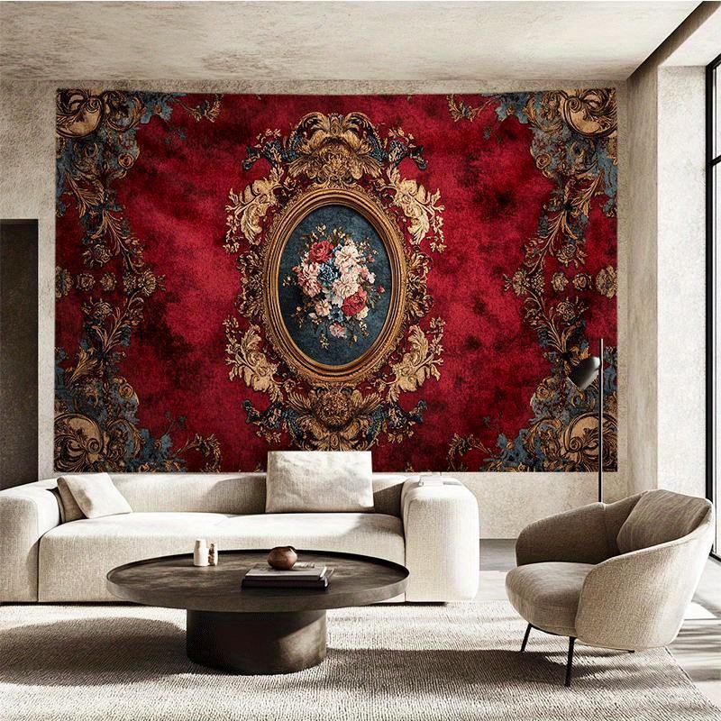 Antikes Barock Rokoko Luxus Rot und Gold Wandbehang Wandteppich Floral Damast Wandbild Dekoratives Textil Wandteppich Kunst für Wohnzimmer
