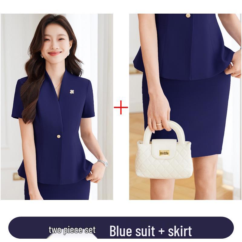 Women's Short Sleeve Black Blazer & Skirt Suit Set - Summer 2024 High-End Professional Workwear