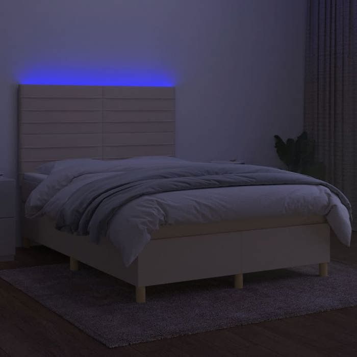 Exclusive House - Slatted Bed Base and Mattress and LED Cream 140x200cm Fabric