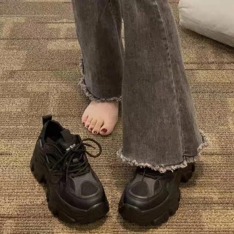 Fashion Spring New Fashionable Pure Leather Strap Thick Soled Sports Shoes with Height Increasing Casual Shoes Platform Sneakers 2025