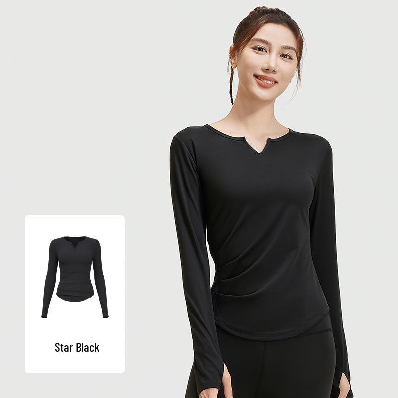 

Juyitang Seamless V-Neck Long-Sleeve Yoga Suit with Pleated Waist and Slim-Fit Top Small чорний