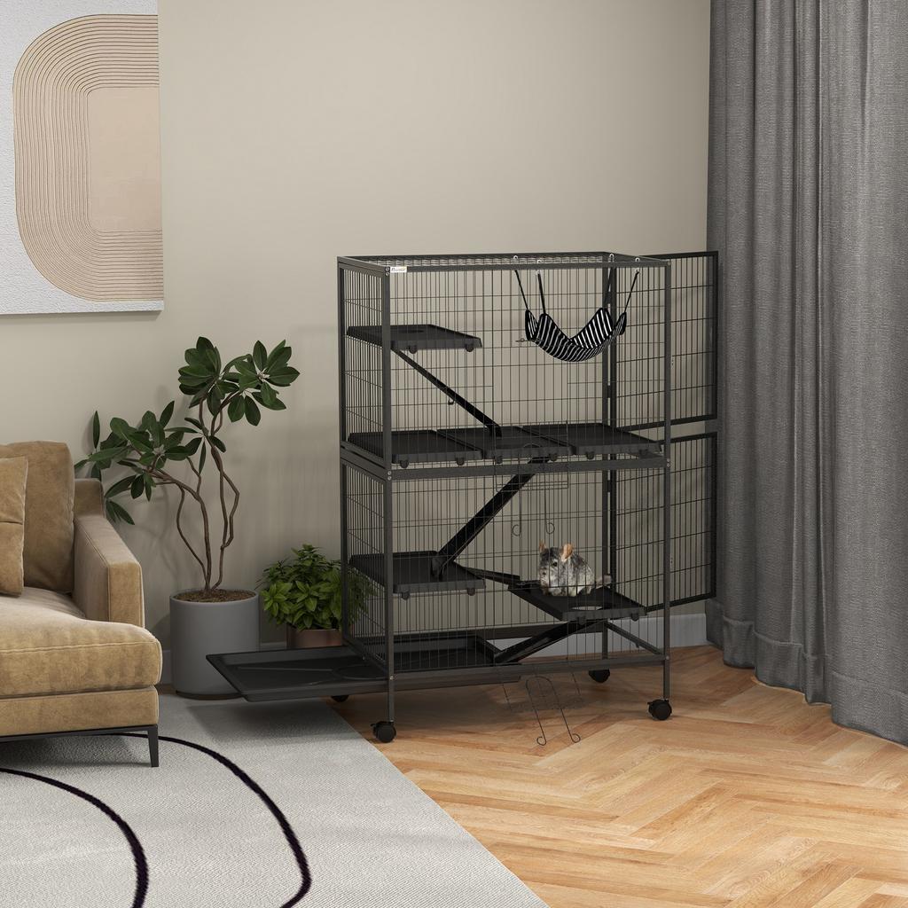Small Animal Cage for Chinchilla Ferret Kitten On Wheels with Hammock Removable Tray, Grey