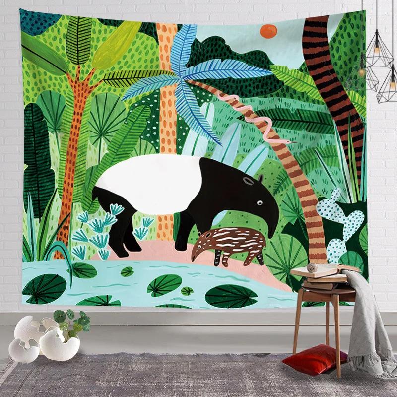 Animal King Forest Tiger Tapestry Wall Hanging Tropical Palm Plant Flower Bohemian Tapestry Home Decoration Yoga Mat Blanket