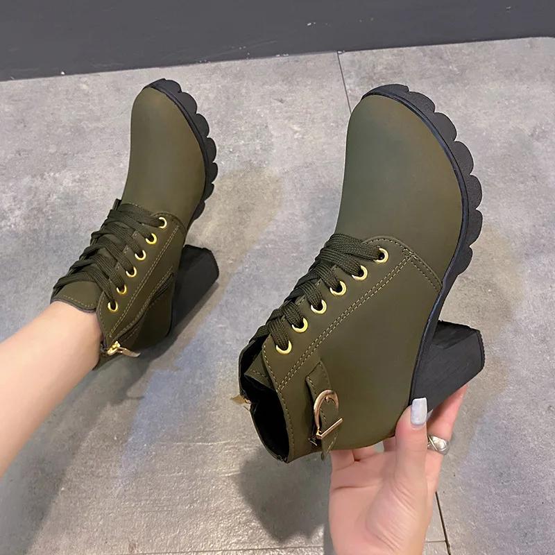 Fashion Women Boots Lace Up Ankle Boots Spring Fashion Outdoor Pumps Boots Black Buckle High Heel Boot Plus Size Platform Women Shoes