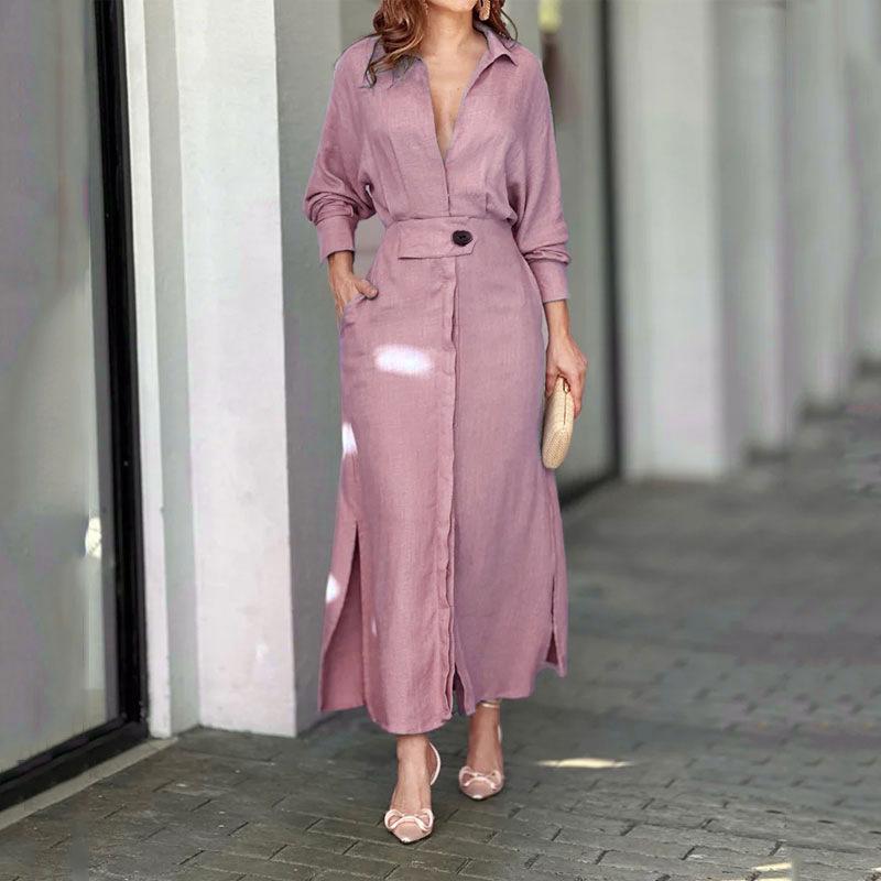 2025 Euro-American Women's Waist-Cinching Lace-Up Irregular Long-Sleeve Shirt Dress