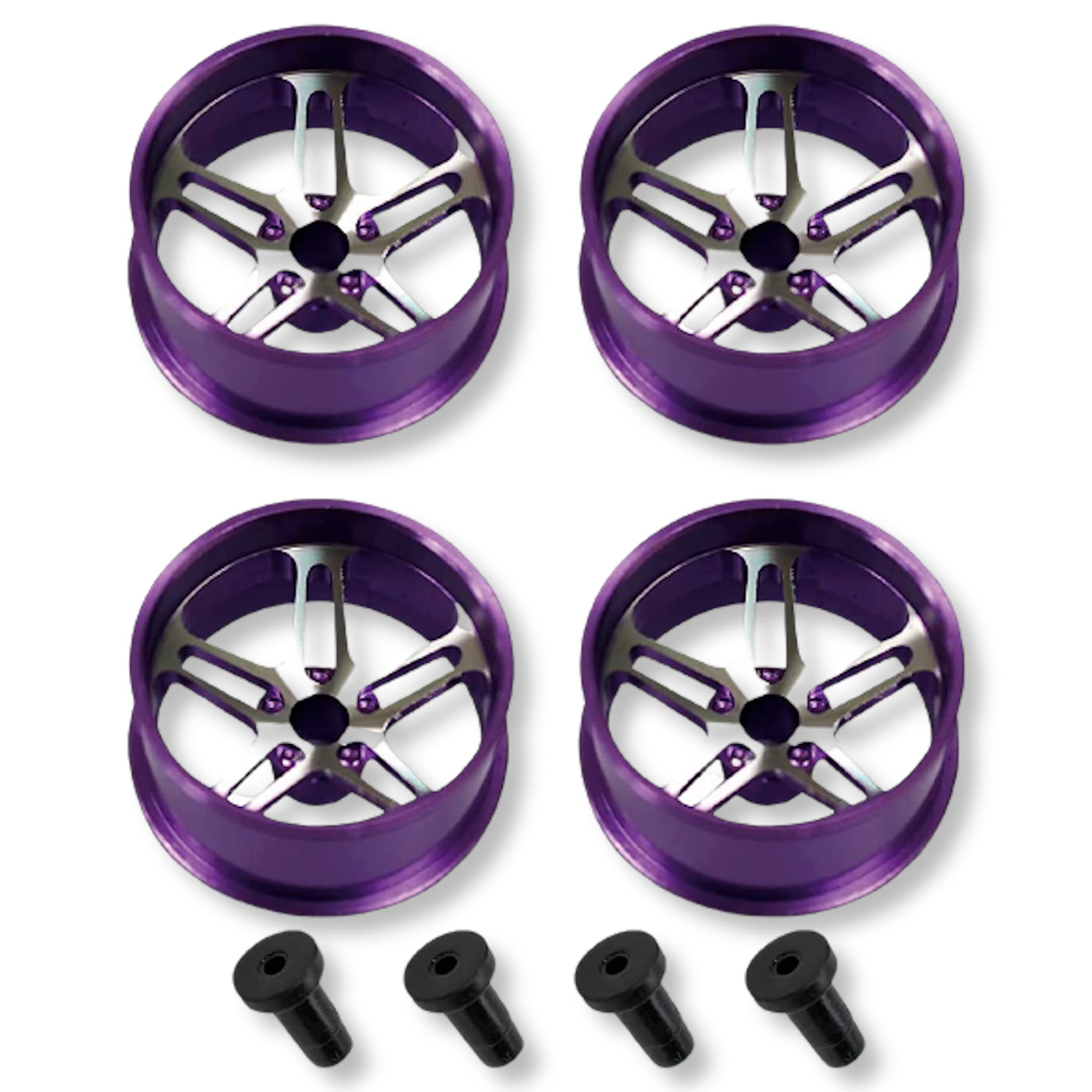 

Lanx. Mini 4WD Aluminum Wheels, Set of 4, Purple, for Dual 5-Spoke Low-Profile Tires (Purple)
